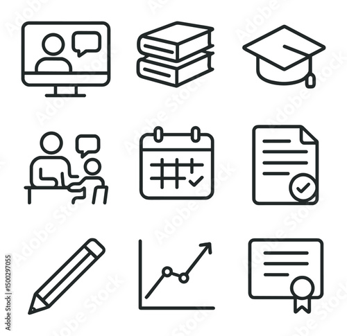 Education Icon Set. Outline icon set of education catch-up programs: online class screen, textbook stack, graduation cap, tutoring