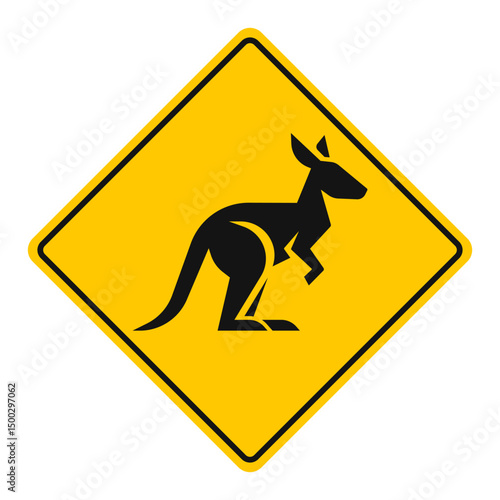 Yellow road sign with black kangaroo icon, used to warn of wildlife crossing on Australian roads.