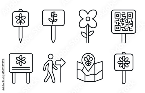 Gardening and navigation icons set – outline, plant, direction symbols