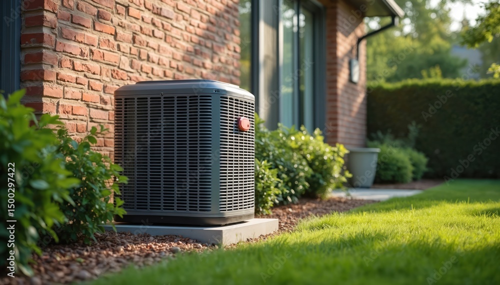 Obraz premium Residential HVAC unit installed in landscaped backyard. Modern air conditioning, heating system exterior setup for home climate control. Energy efficient unit near brick wall, greenery. Residential