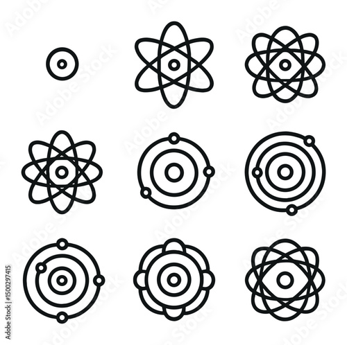 Element Icon Grid. Outline icon set of periodic table elements: hydrogen atom, oxygen atom, carbon atom, nitrogen atom, sodium