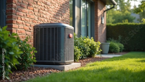 Residential HVAC unit installed in landscaped backyard. Modern air conditioning, heating system exterior setup for home climate control. Energy efficient unit near brick wall, greenery. Residential
