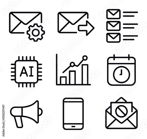 Email Marketing Icons. Outline icon set of email marketing automation: envelope with gear, send arrow, email list icon, AI chip,