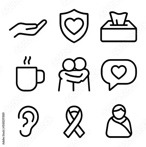 Emotional Support Icons. Outline icon set of emotional support: helping hand, heart shield, tissue box, tea mug, listening ear,