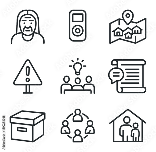 Endangered Language Icons. Outline icon set of historical exploration puzzle: sextant, ship helm, explorer hat, spyglass, quill