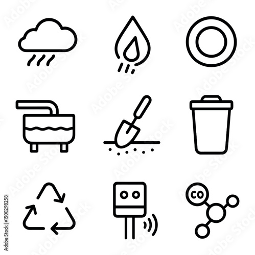 Environmental Chemistry Icons. Outline icon set of environmental chemistry: pollution cloud, acid rain drop, ozone layer ring,