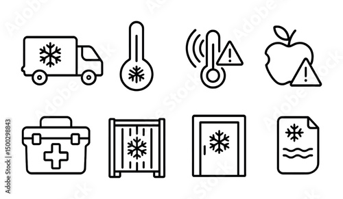 Cold storage and safety outline icons set – frozen, caution, temperature symbols