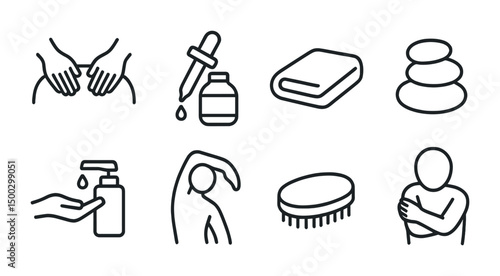 Spa and wellness outline icons set – line, relaxation, health and self-care symbols