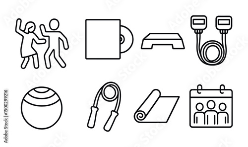 Fitness and exercise outline icons set – linear, silhouette, gym and workout symbols