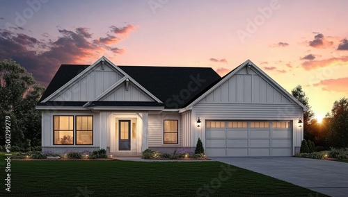 Charming farmhouse home at sunset