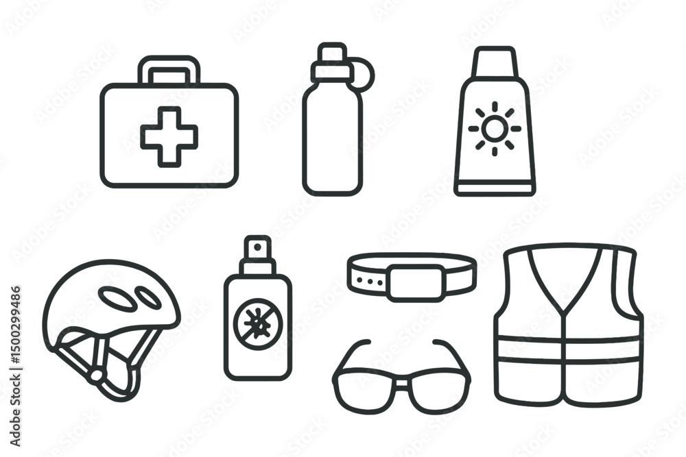 Fototapeta premium Outdoor safety outline icons set – protective gear, emergency, travel essentials