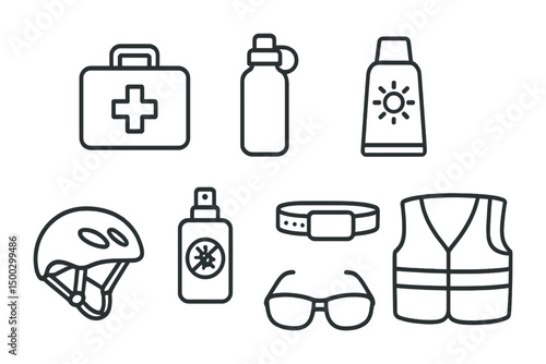Outdoor safety outline icons set – protective gear, emergency, travel essentials