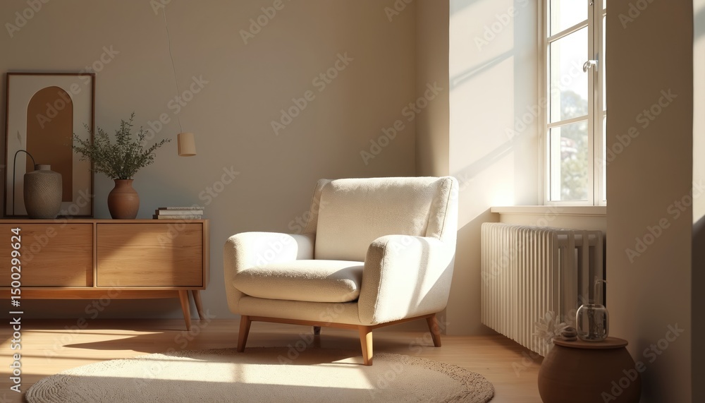 Scandinavian interior design of modern living room with boucle armchair near window. Sunlight, wooden floor, natural decor, minimalist design. Comfortable, cozy home atmosphere. Scandinavian interior design of modern living room with boucle armchair near window. Sunlight, wooden floor, natural decor, minimalist design. Comfortable, cozy home atmosphere.