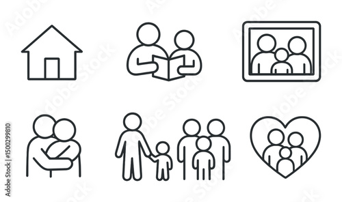 Family and home outline icons set – silhouette, linear, household and relationship symbols