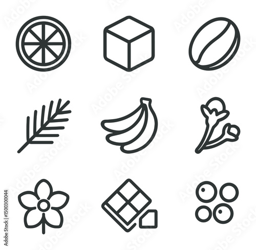 Flavor Profile Icons. Outline icon set of flavor profile wheel attributes: citrus slice, caramel cube, roasted bean, pine needle,
