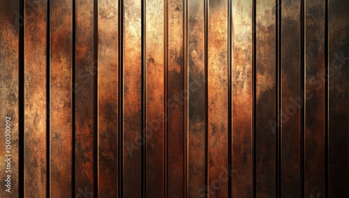 Copper-toned metal panels with vertical striations and mottled texture