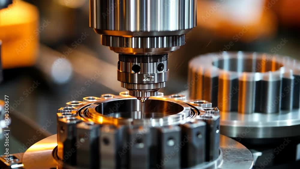 Precision Machining: Close-up view of a CNC machine precisely machining a metal part, showcasing the intricate details and high-precision nature of the process. Precision Machining: Close-up view of a CNC machine precisely machining a metal part, showcasing the intricate details and high-precision nature of the process.