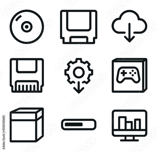 Game Media Icons. Outline icon set of game media formats: game disc, cartridge, download cloud, retro cartridge, update patch, DLC