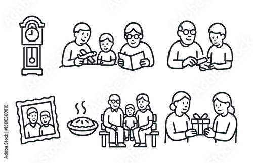 Family activities outline icons set – bonding, leisure, lifestyle symbols