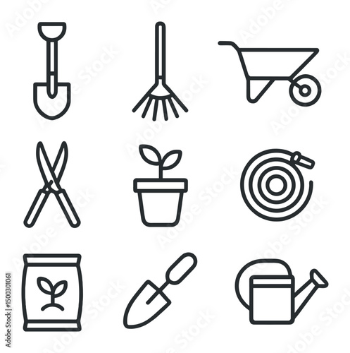 Gardening Tool Icons. Outline icon set of landscaping and gardening: shovel, rake, wheelbarrow, hedge shears, plant pot, garden