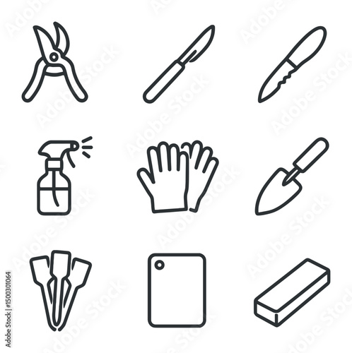 Gardening Tool Icons. Outline icon set of cutting tools: pruning shears, scalpel, rooting knife, sterilizing spray bottle, gloves,