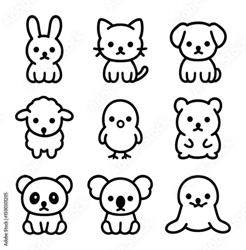 Gentle Animals Icons. Outline icon set of gentle animals: bunny, kitten, puppy, lamb, chick, hamster, panda, koala, seal pup. Line