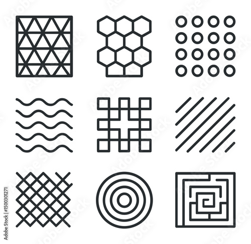 Geometric Texture Icons. Outline icon set of environmental water testing: water sample tube, turbidity tube, nitrate test strip,