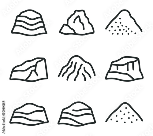 Geological Icons Grid. Outline icon set of geological hill features: stratified layers, rock outcrop, scree slope, fault line,