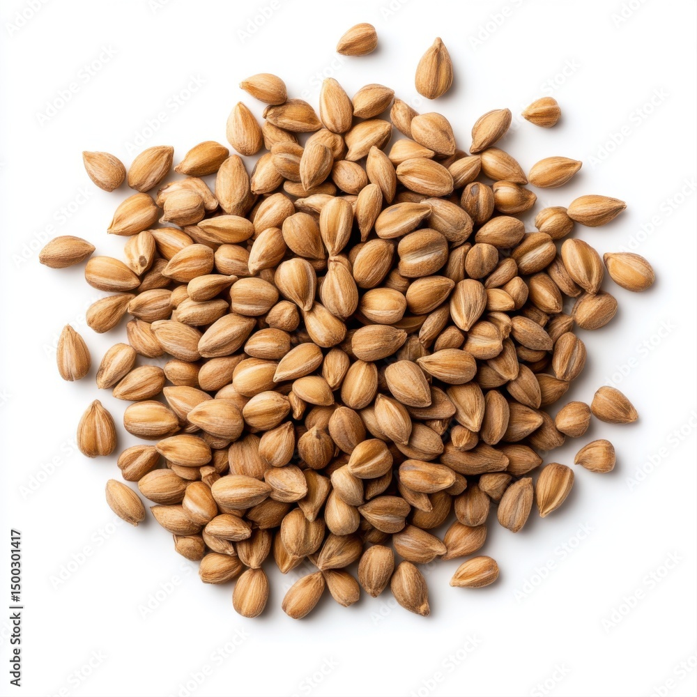 Close-Up View of Brown Seeds Piled Together on White Background for Health Close-Up View of Brown Seeds Piled Together on White Background for Health