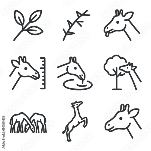 Giraffe Feeding Icon Set. Outline icon set of cleaning and household robots: robotic vacuum, mop pad, dustbin container, bumper