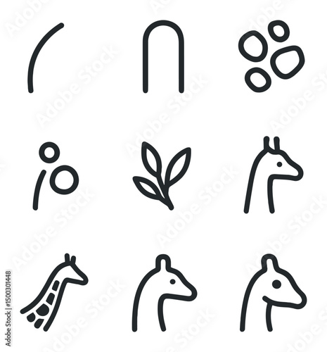 Giraffe Icon Set. Outline icon set of giraffe feeding behaviors: acacia leaf, thorn branch, tongue extended, browse height ruler,