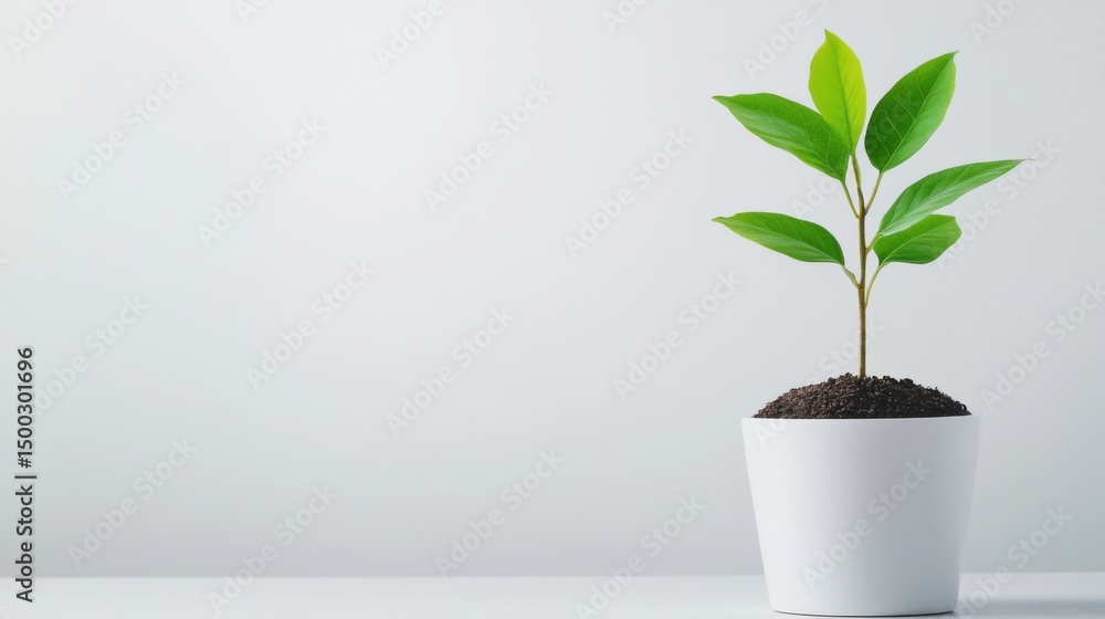 Fototapeta premium Young Green Plant Growing in White Pot on Neutral Background