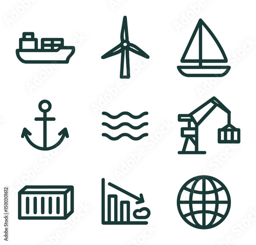 Green Maritime Icons. Outline icon set of walking and pedestrian zones: pedestrian crossing, footstep path, sidewalk, crossing