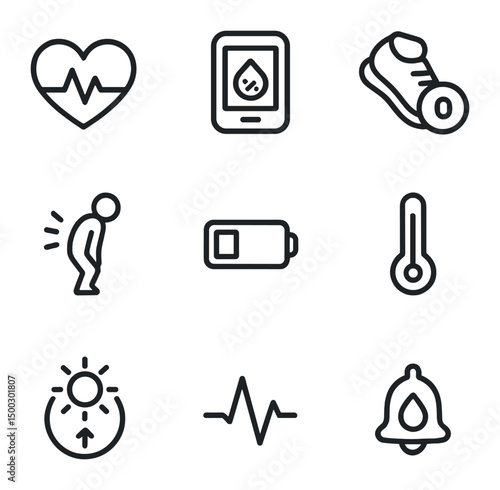 Health Monitoring Icons. Outline icon set of health monitoring sensors: heart rate sensor, blood oxygen meter, step counter,