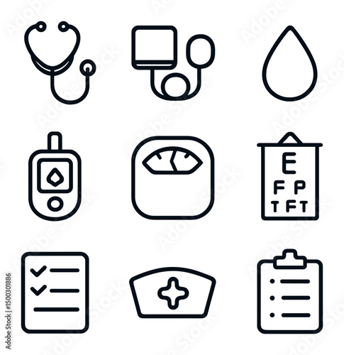 Health Screening Icons. Outline icon set of health screening events: stethoscope, blood pressure cuff, blood drop, glucose meter,