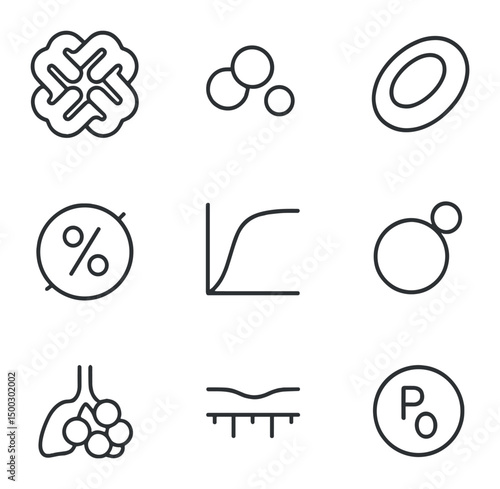 Hemoglobin Oxygenation Icons. Outline icon set of blood type classification: A type drop, B type drop, AB type drop, O type drop,