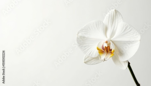 Delicate white orchid blossom against pure white backdrop, closeup, delicate