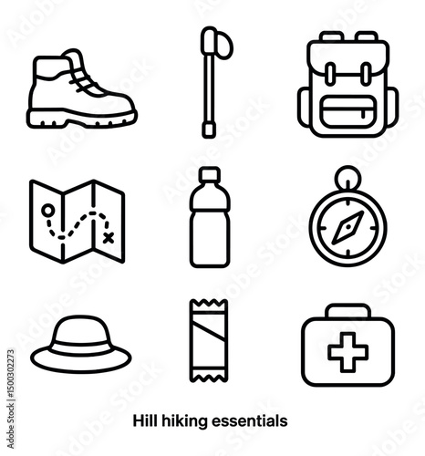 Hiking Essentials Icons. Outline icon set of bowed string instrument collection: violin, viola, cello, double bass, nyckelharpa,