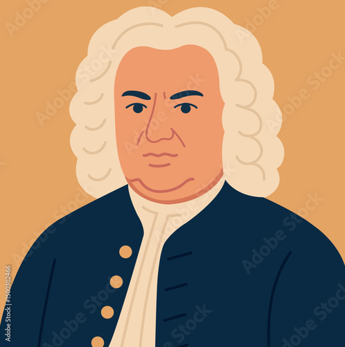Minimalistic vector illustration of German composer Johann Sebastian Bach in a wig and classic clothes of the XVIII century on a background of warm color.