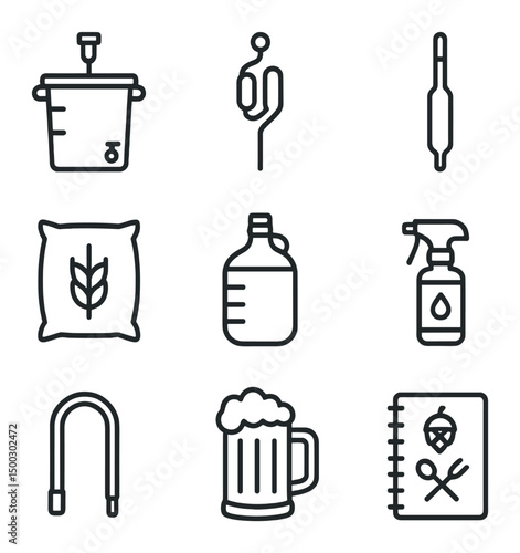 Homebrewing Icon Set. Outline icon set of homebrewing setup and mug: fermentation bucket, airlock, hydrometer, grain malt bag,