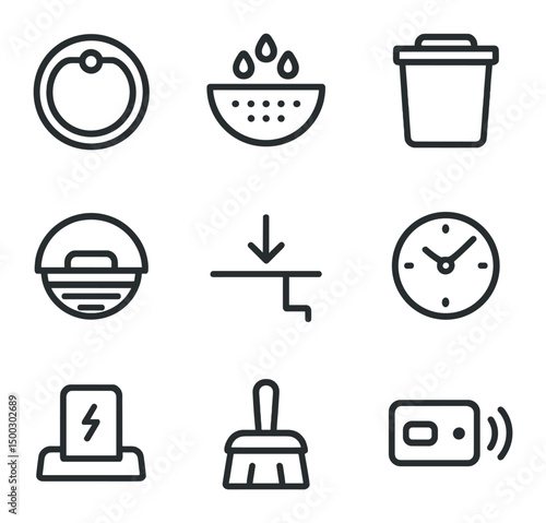 Household Robot Icons. Outline icon set of soap crafting: soap base, cutter, silicone mold, essential oil bottle, colorant droplet