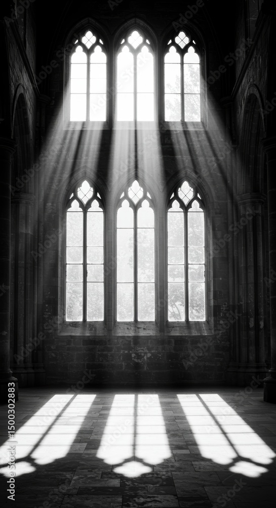 Obraz premium Gothic interior with sunlight streaming through arched windows creating dramatic light patterns