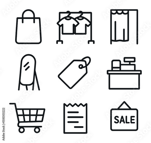 In-Store Shopping Icons. Outline icon set of in-store shopping: shopping bag, clothing rack, fitting room, full-length mirror,