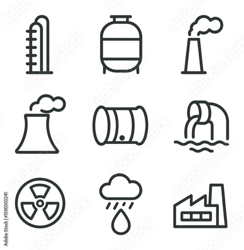 Industrial Pollution Icons. Outline icon set of industrial pollution elements: oil refinery tower, chemical plant tank, smokestack