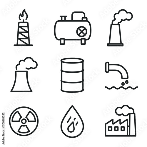 Industrial Pollution Icons. Outline icon set of industrial pollution elements: oil refinery tower, chemical plant tank, smokestack