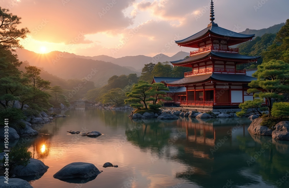 Obraz premium Japanese zen garden scene. Pagoda temple near lake reflects beautiful nature. Traditional building with lake reflections sunset light in Kyoto Japan. Tranquility peace meditation wellness.