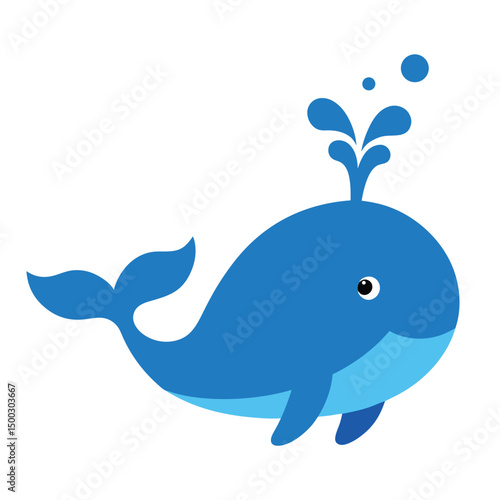 Cute cartoon marine animals swimming together: a funny blue whale and fish in the ocean