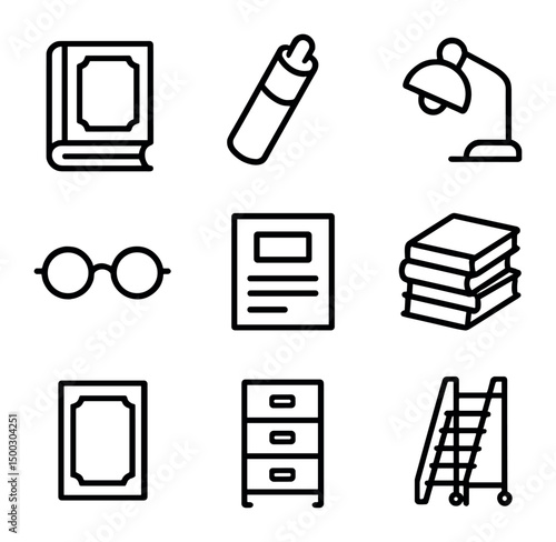 Library Icon Set. Outline icon set of library archives research: old tome, scroll case, reading lamp, librarian glasses, index