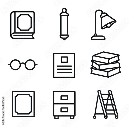 Library Icon Set. Outline icon set of library archives research: old tome, scroll case, reading lamp, librarian glasses, index