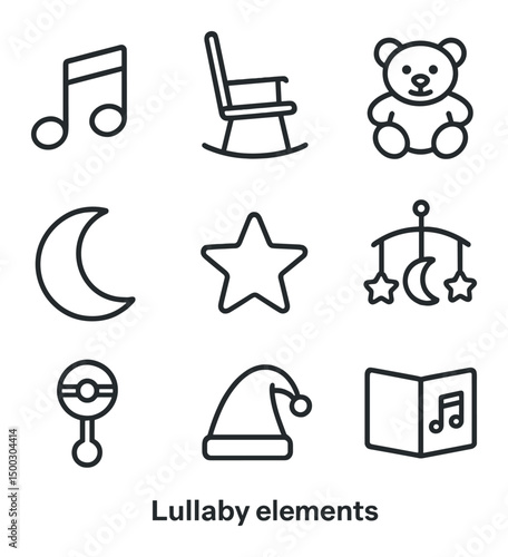 Lullaby Icon Set. Outline icon set of lullaby elements: music note, rocking chair, teddy bear, crescent moon, star, toy mobile,